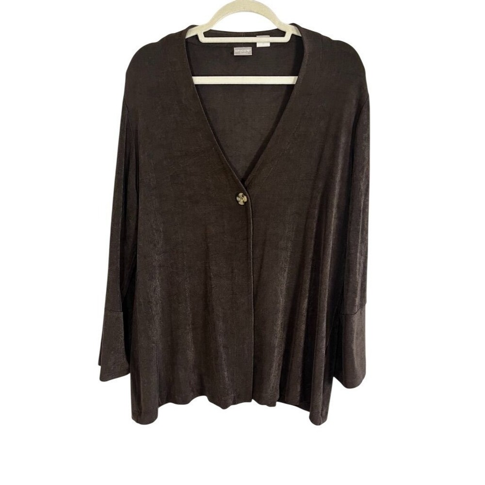 Chicos Liquid Knit Ribbed Cardigan Brown XL Turtle Shell Neutral Minimalist Chic